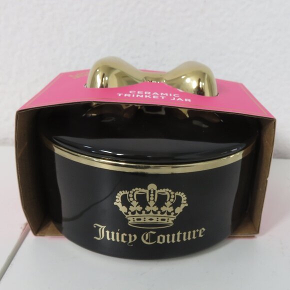 (#120) Juicy Couture Black & gold Crown Signature Logo Ceramic Trinket Jar - Picture 1 of 5